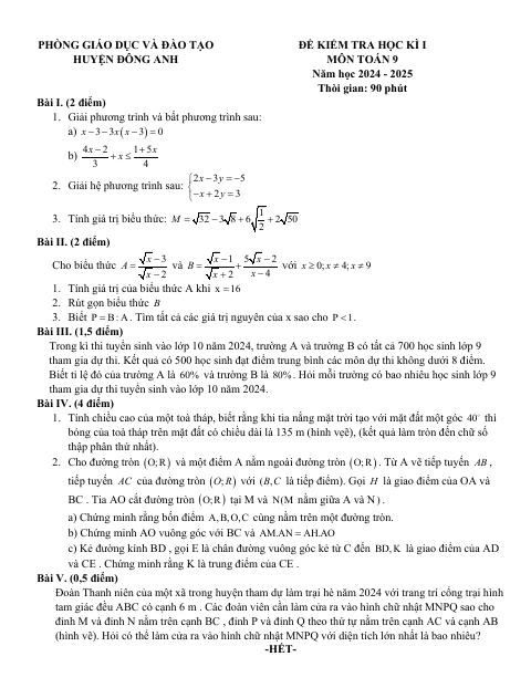 Đề thi Học kì 1 Toán 9 năm 2024-2025 Phòng GD&ĐT Đông Anh (Hà Nội)